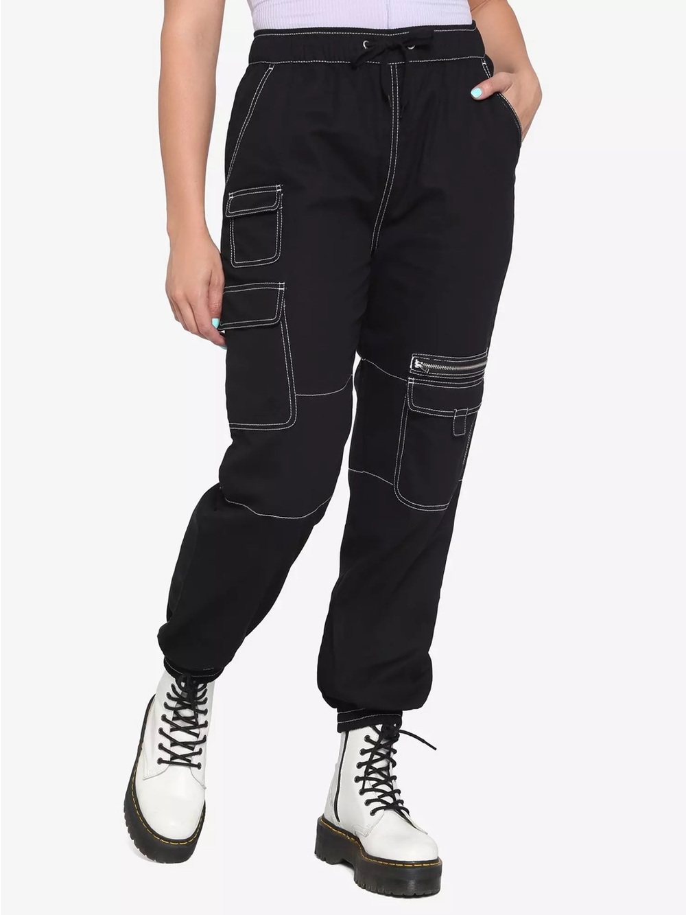 Hot Topic HT Denim Black Contrast Stitch Cargo Jogger Pants Y2K Grunge XS